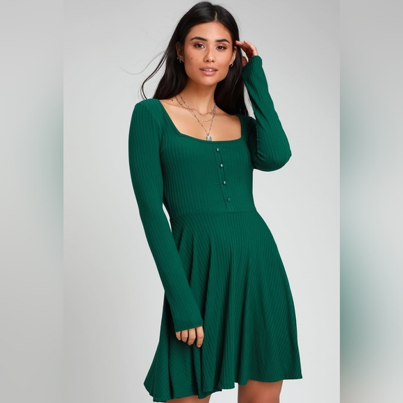 Lulus Dresses & Skirts - Lulu's Alondra Forest Green Long Sleeve Rib Skater Dress Size XL